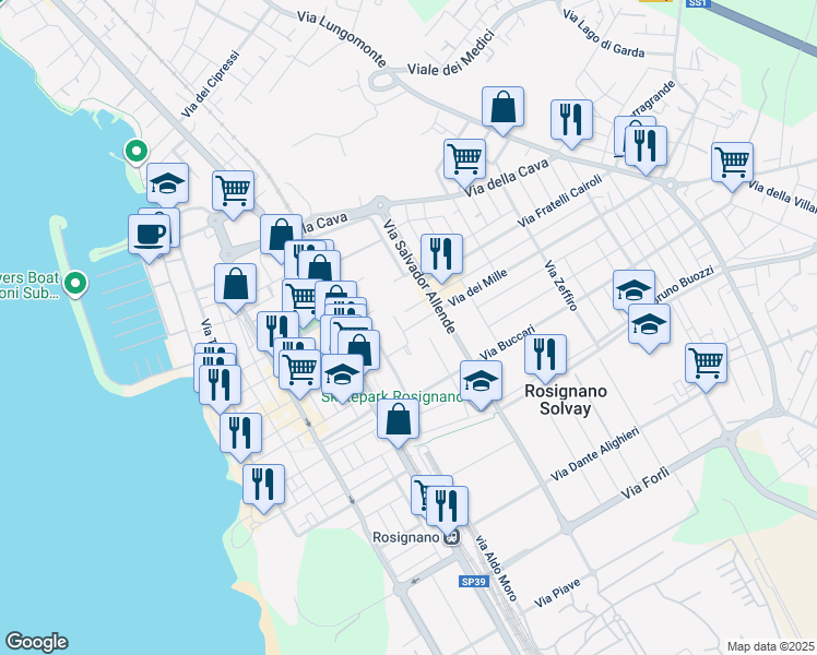 map of restaurants, bars, coffee shops, grocery stores, and more near 26 Via Ippolito Nievo in Rosignano Solvay-Castiglioncello