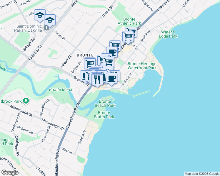 map of restaurants, bars, coffee shops, grocery stores, and more near in Oakville