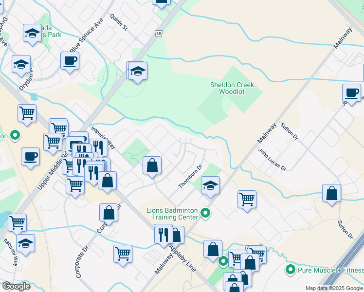 map of restaurants, bars, coffee shops, grocery stores, and more near 1750 Creek Way in Burlington