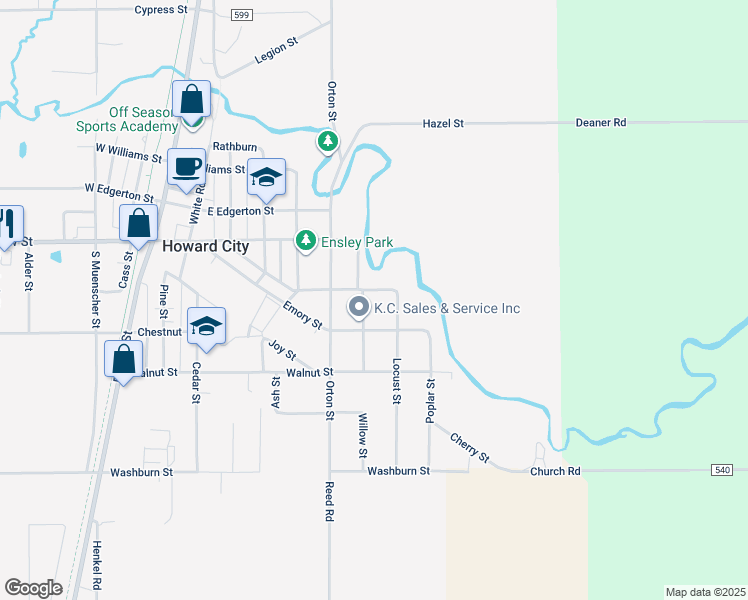 map of restaurants, bars, coffee shops, grocery stores, and more near 332 Willow Street in Howard City