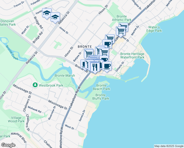 map of restaurants, bars, coffee shops, grocery stores, and more near 102 Bronte Road in Oakville