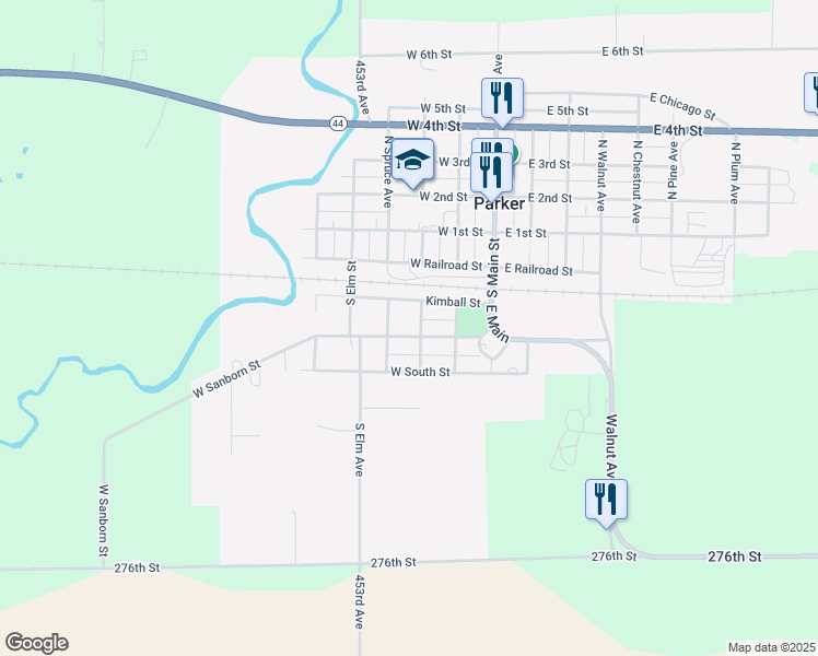 map of restaurants, bars, coffee shops, grocery stores, and more near 300-398 West Sanborn Street in Parker