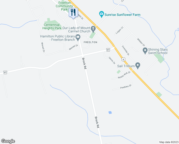 map of restaurants, bars, coffee shops, grocery stores, and more near 1754 Brock Road in Hamilton