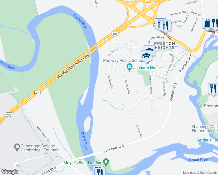 map of restaurants, bars, coffee shops, grocery stores, and more near 628 Linden Drive in Cambridge