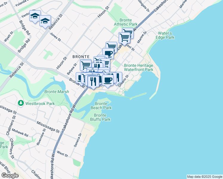 map of restaurants, bars, coffee shops, grocery stores, and more near 35 Bronte Road in Oakville