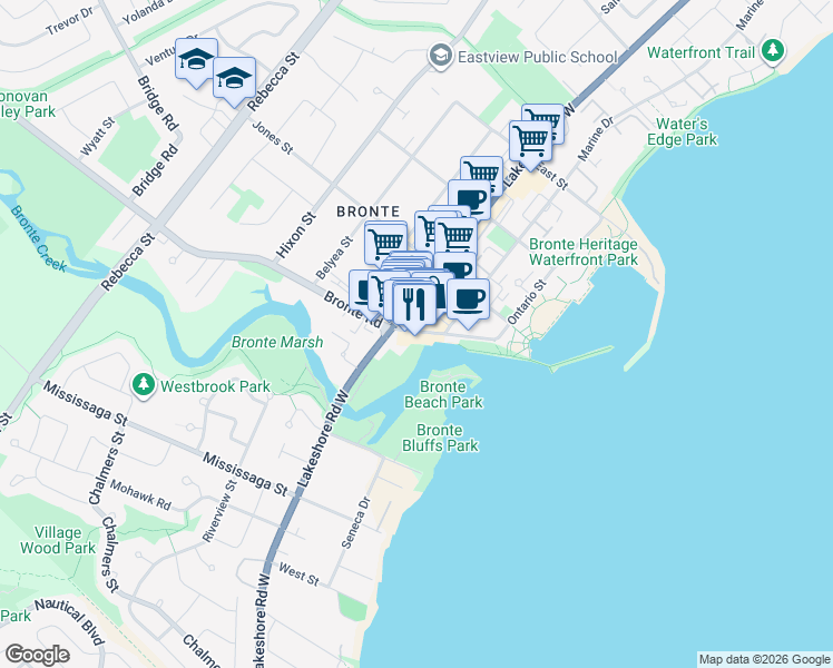 map of restaurants, bars, coffee shops, grocery stores, and more near in Oakville