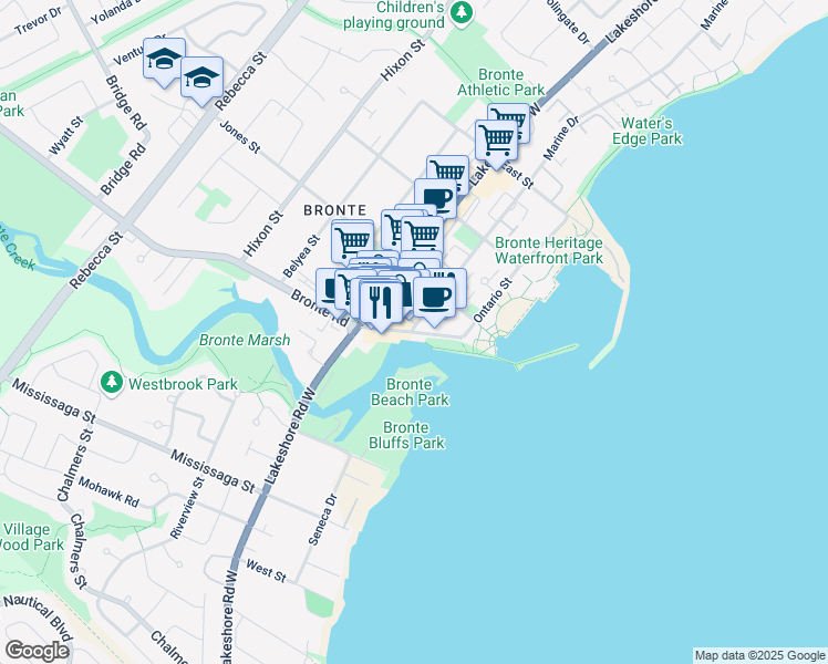 map of restaurants, bars, coffee shops, grocery stores, and more near 12 Bronte Road in Oakville