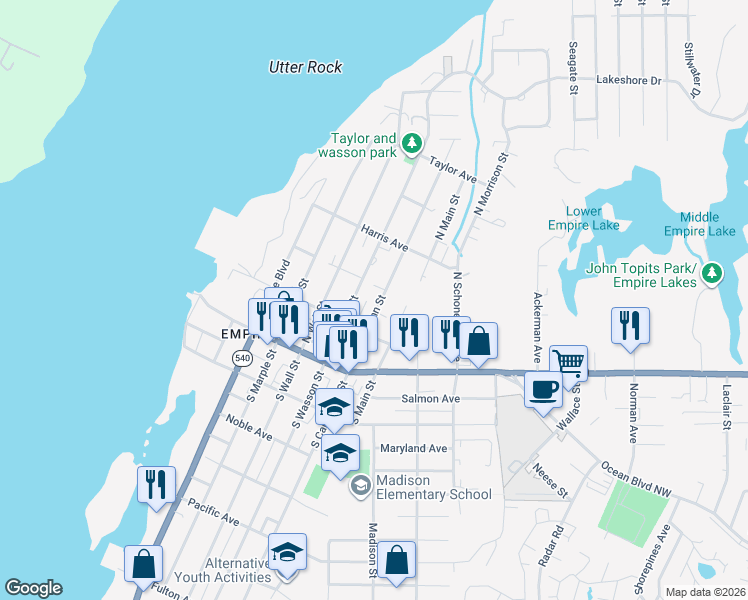 map of restaurants, bars, coffee shops, grocery stores, and more near 250 North Cammann Street in Coos Bay