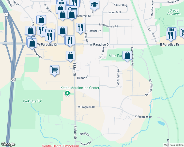 map of restaurants, bars, coffee shops, grocery stores, and more near 230 Humar Street in West Bend