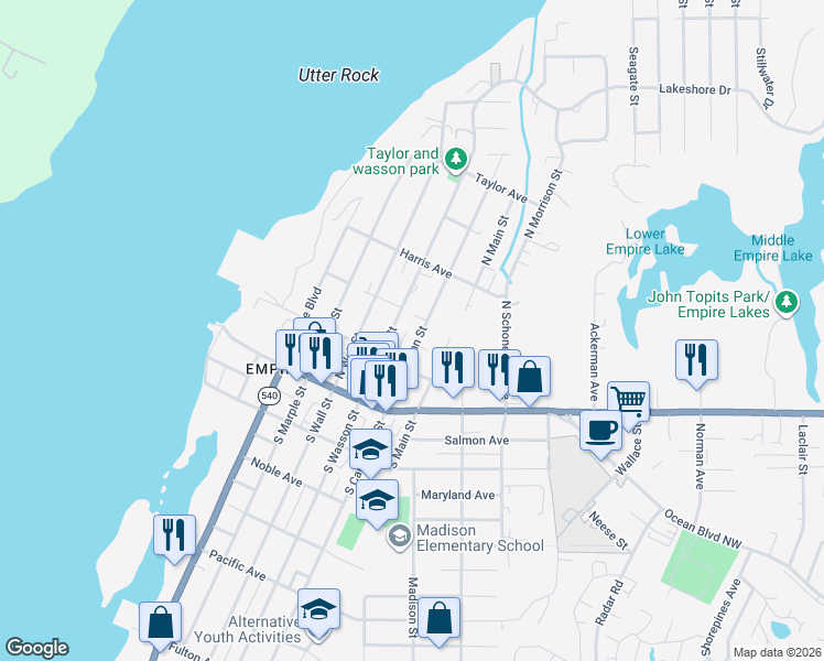map of restaurants, bars, coffee shops, grocery stores, and more near 274 North Cammann Street in Coos Bay
