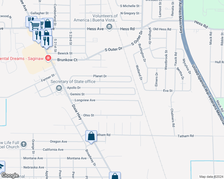 map of restaurants, bars, coffee shops, grocery stores, and more near 2800 Apollo Drive in Saginaw
