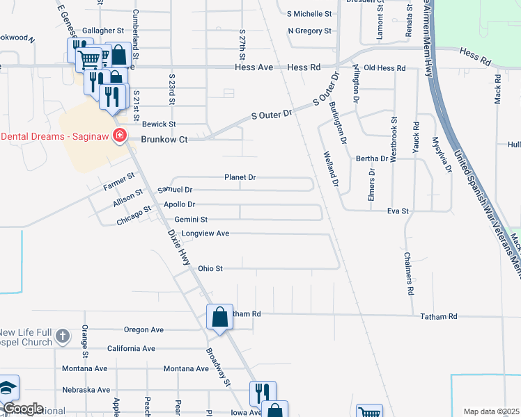 map of restaurants, bars, coffee shops, grocery stores, and more near 2772 Apollo Drive in Saginaw