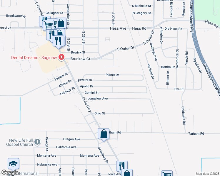 map of restaurants, bars, coffee shops, grocery stores, and more near 2688 Apollo Drive in Saginaw