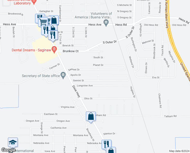 map of restaurants, bars, coffee shops, grocery stores, and more near 2678 Apollo Drive in Saginaw