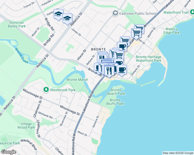 map of restaurants, bars, coffee shops, grocery stores, and more near in Oakville