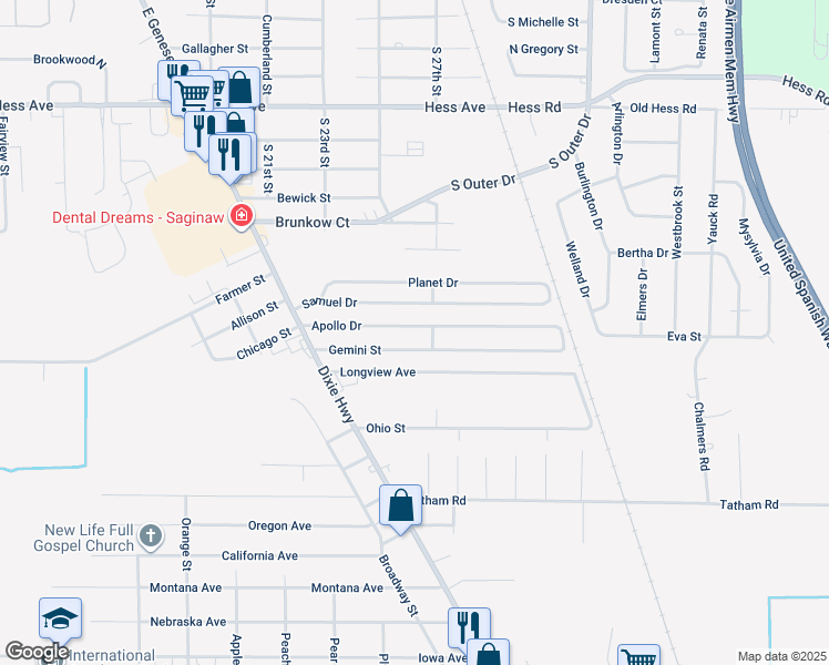 map of restaurants, bars, coffee shops, grocery stores, and more near 2672 Apollo Drive in Saginaw