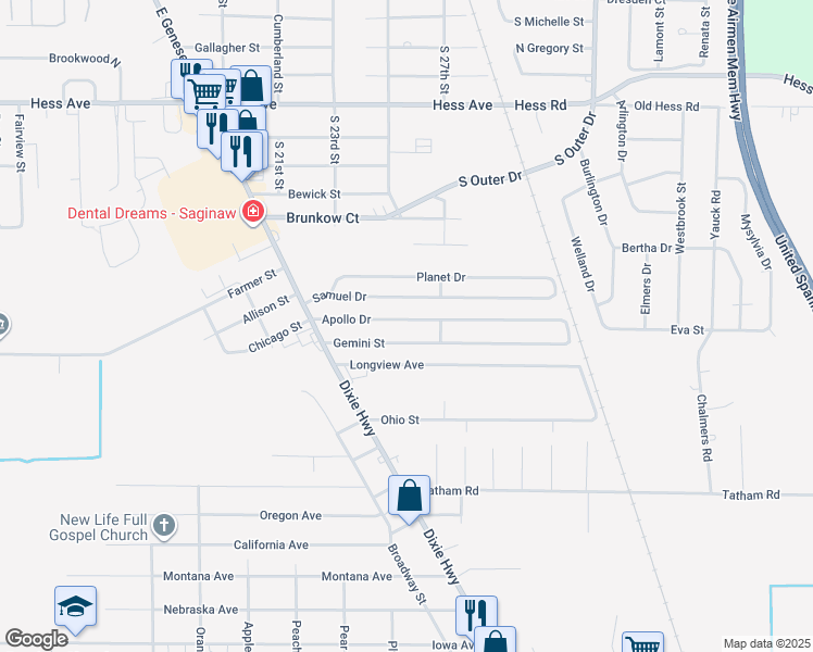 map of restaurants, bars, coffee shops, grocery stores, and more near 2646 Apollo Drive in Saginaw