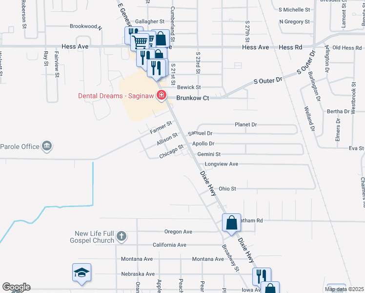 map of restaurants, bars, coffee shops, grocery stores, and more near 4200 Dixie Highway in Saginaw