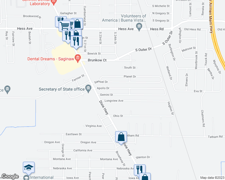 map of restaurants, bars, coffee shops, grocery stores, and more near 2602 Apollo Drive in Saginaw