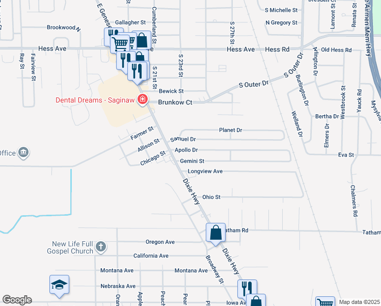 map of restaurants, bars, coffee shops, grocery stores, and more near 2568 Apollo Drive in Saginaw