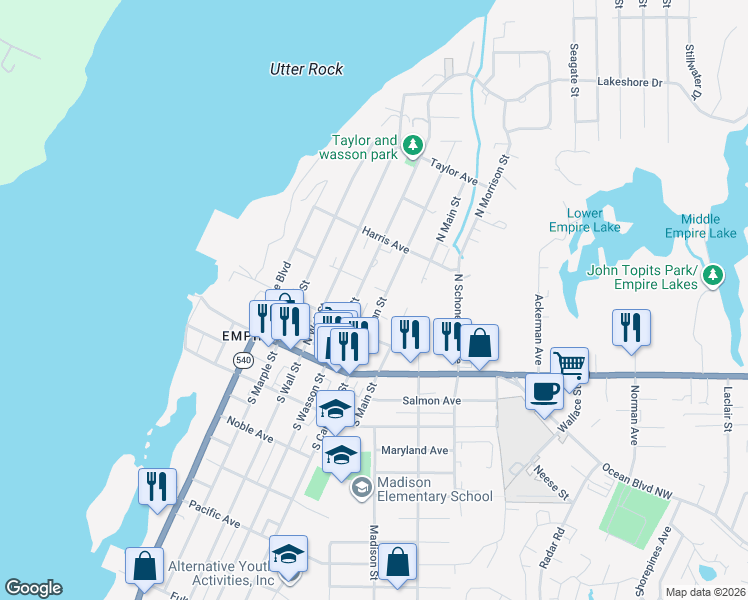 map of restaurants, bars, coffee shops, grocery stores, and more near 276 North Cammann Street in Coos Bay