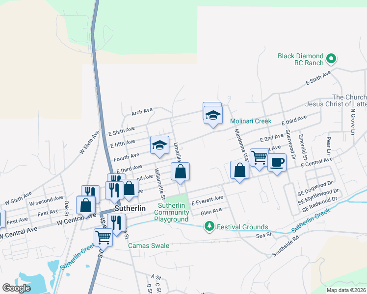 map of restaurants, bars, coffee shops, grocery stores, and more near 414 Umatilla Street in Sutherlin