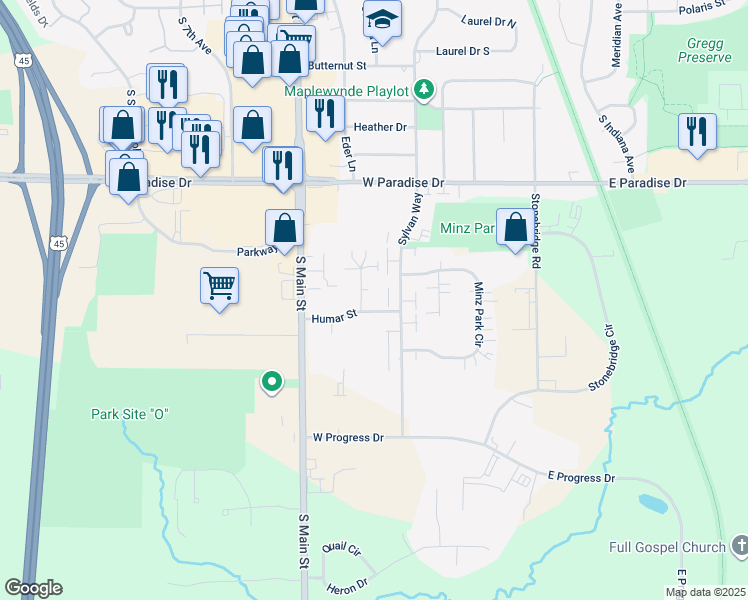 map of restaurants, bars, coffee shops, grocery stores, and more near 235 Humar Street in West Bend