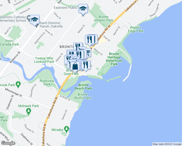 map of restaurants, bars, coffee shops, grocery stores, and more near 35 Bronte Road in Oakville