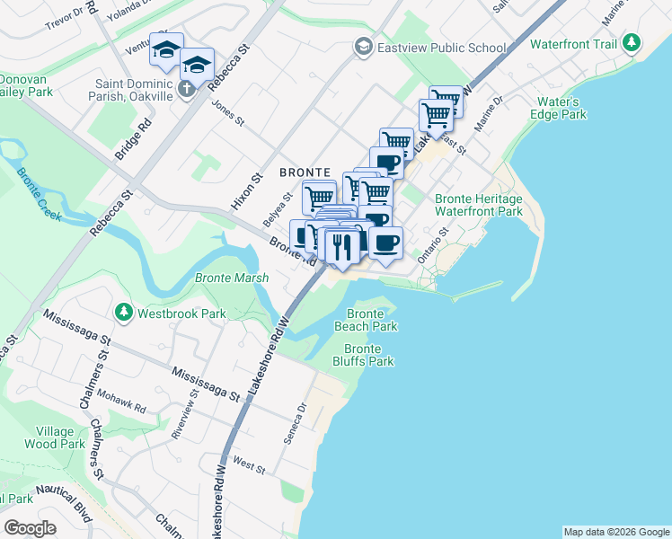 map of restaurants, bars, coffee shops, grocery stores, and more near in Oakville