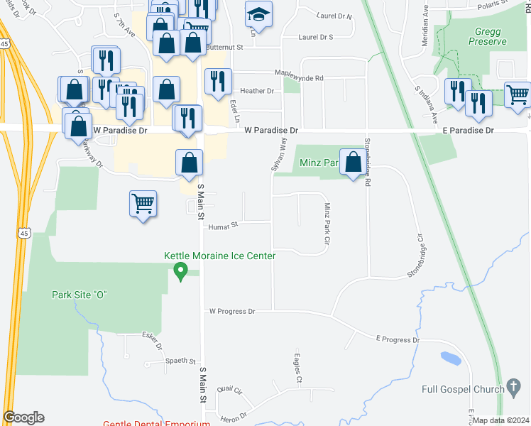 map of restaurants, bars, coffee shops, grocery stores, and more near 2120 Sylvan Way in West Bend
