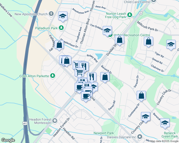 map of restaurants, bars, coffee shops, grocery stores, and more near 3051 Walkers Line in Burlington
