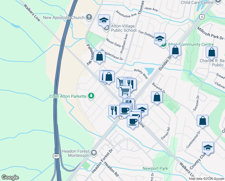 map of restaurants, bars, coffee shops, grocery stores, and more near 3123 Walkers Line in Burlington