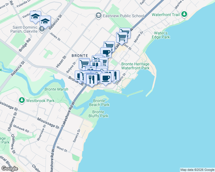 map of restaurants, bars, coffee shops, grocery stores, and more near in Oakville