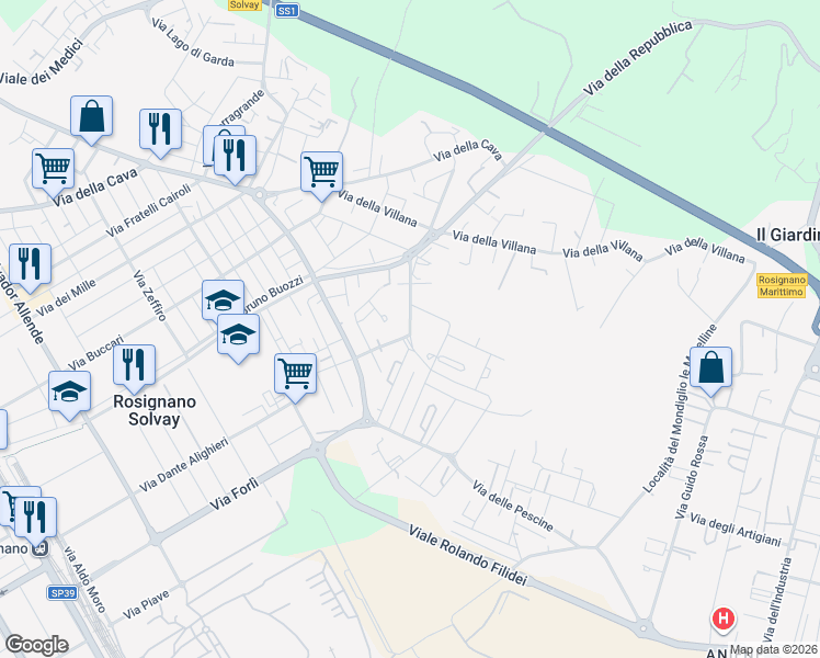 map of restaurants, bars, coffee shops, grocery stores, and more near 67 Via Evangelista Torricelli in Rosignano Solvay-Castiglioncello