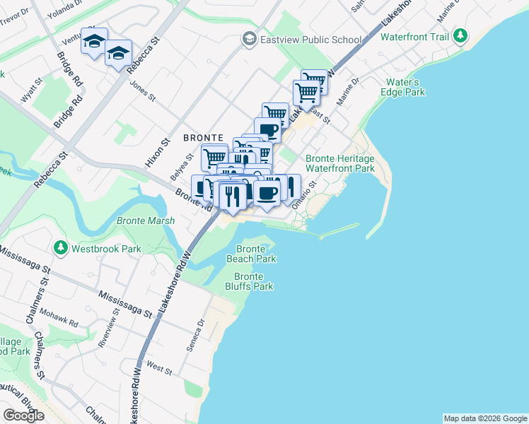 map of restaurants, bars, coffee shops, grocery stores, and more near 11 Bronte Road in Oakville
