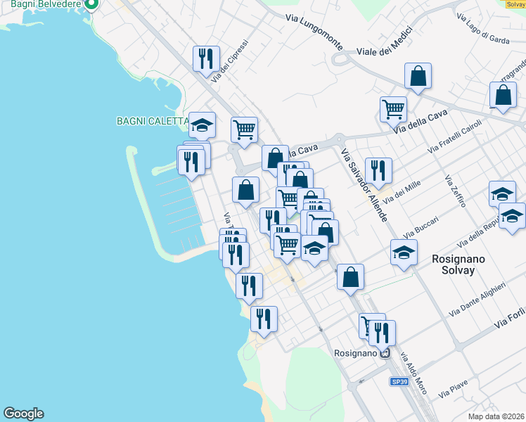 map of restaurants, bars, coffee shops, grocery stores, and more near 13 Via Musselburgh in Rosignano Marittimo