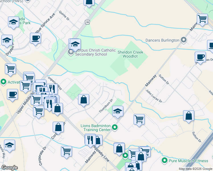 map of restaurants, bars, coffee shops, grocery stores, and more near 1745 Creek Way in Burlington