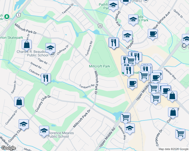 map of restaurants, bars, coffee shops, grocery stores, and more near 4237 Millcroft Park Drive in Burlington
