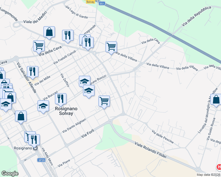 map of restaurants, bars, coffee shops, grocery stores, and more near 42 Via Carlo Collodi in Rosignano Solvay-Castiglioncello