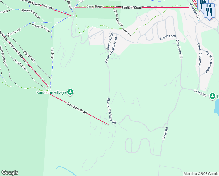 map of restaurants, bars, coffee shops, grocery stores, and more near Okemo Trailside Rd in Ludlow