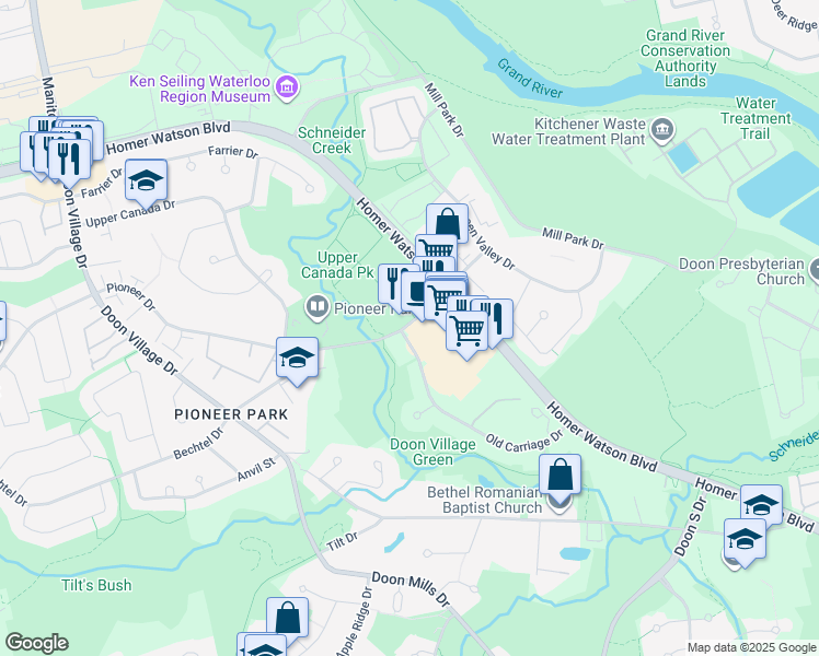 map of restaurants, bars, coffee shops, grocery stores, and more near 111 Pioneer Drive in Kitchener