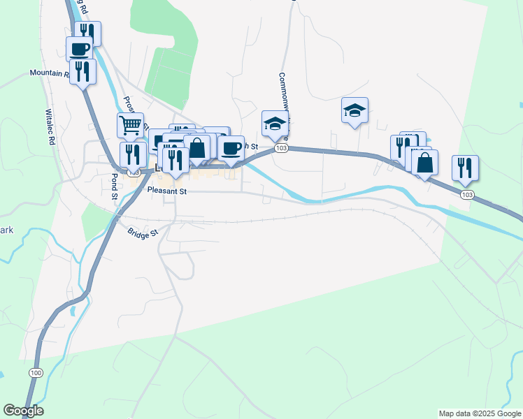 map of restaurants, bars, coffee shops, grocery stores, and more near 57 Pleasant Street in Ludlow