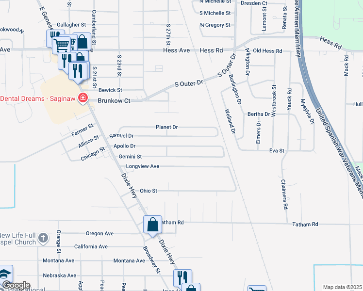 map of restaurants, bars, coffee shops, grocery stores, and more near 2775 Longview Avenue in Saginaw