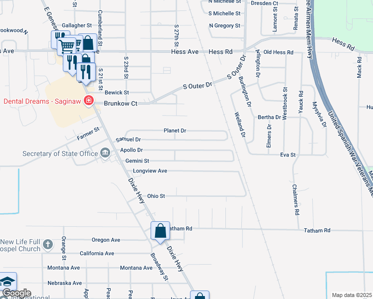 map of restaurants, bars, coffee shops, grocery stores, and more near 2687 Longview Avenue in Saginaw