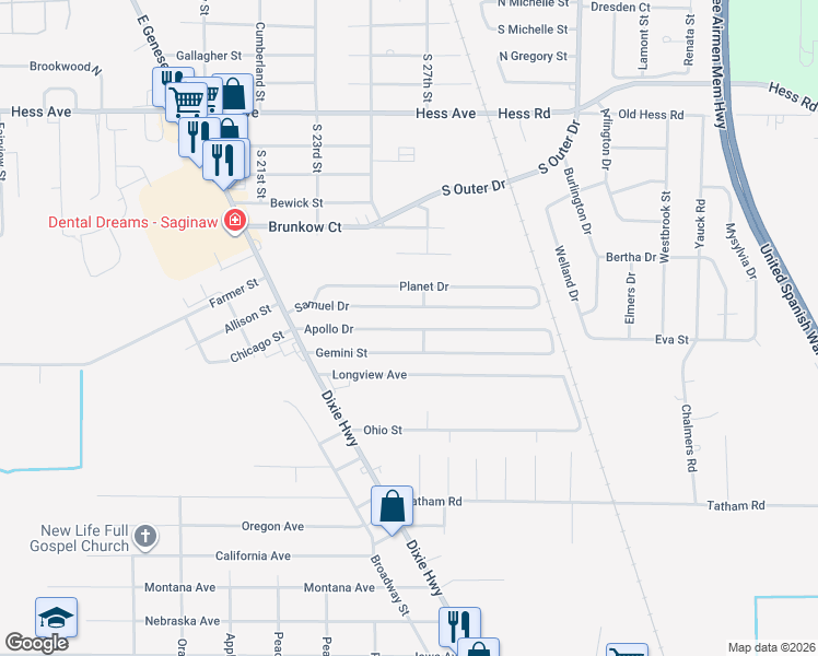 map of restaurants, bars, coffee shops, grocery stores, and more near 2623 Longview Avenue in Saginaw