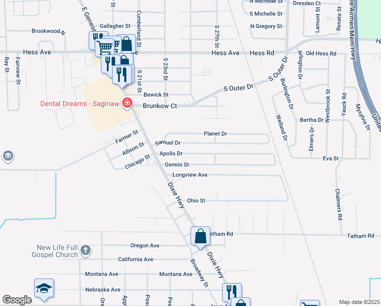 map of restaurants, bars, coffee shops, grocery stores, and more near 2547 Longview Avenue in Saginaw