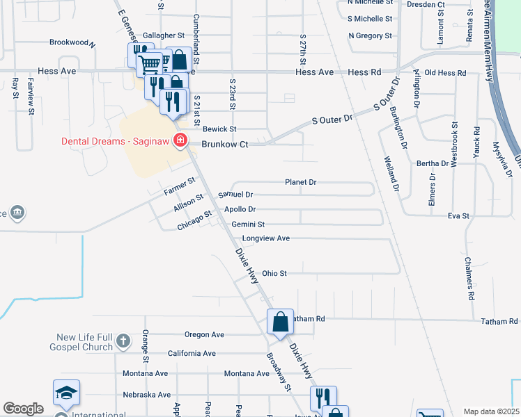 map of restaurants, bars, coffee shops, grocery stores, and more near 2547 Longview Avenue in Saginaw
