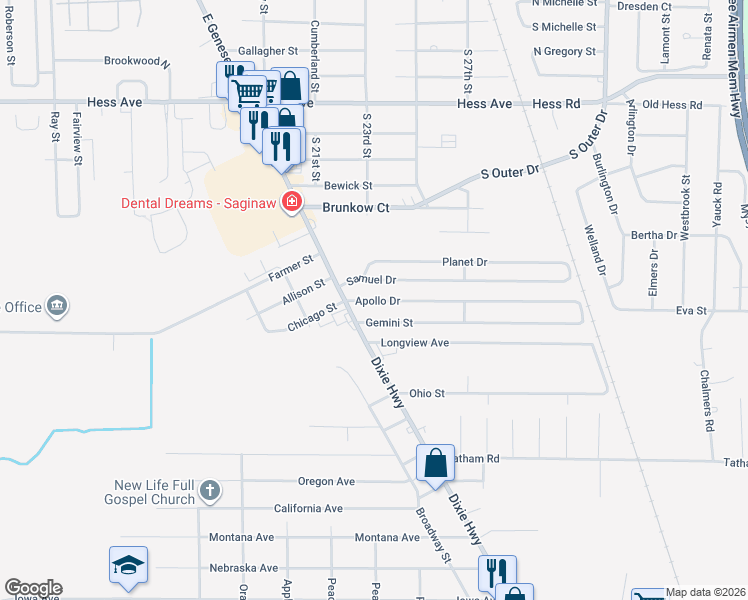 map of restaurants, bars, coffee shops, grocery stores, and more near 2532 Gemini Street in Saginaw
