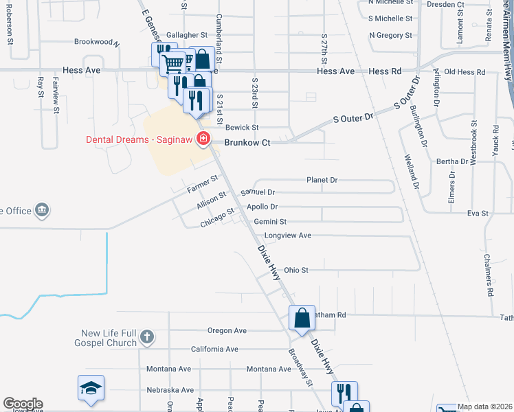 map of restaurants, bars, coffee shops, grocery stores, and more near 2532 Gemini Street in Saginaw