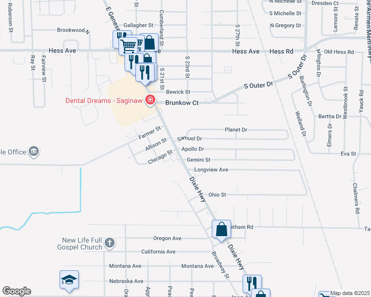 map of restaurants, bars, coffee shops, grocery stores, and more near 2532 Gemini Street in Saginaw
